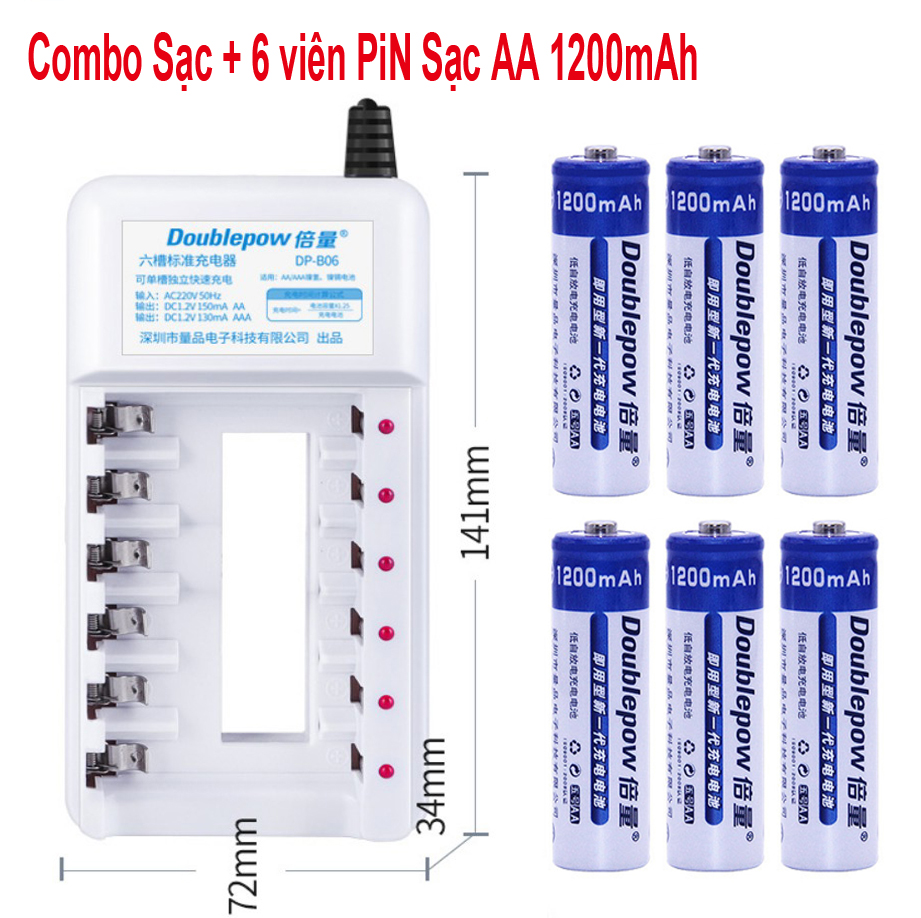 Combo Sạc DP-B06 và 6 pin sạc AA Doublepow 1200mAh Cam Kết Dung Lượng Thật