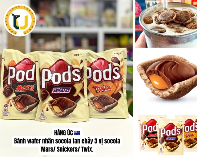 HÀNG ÚC Bánh quy xốp socola có nhân tan chảy vị socola MARS SNICKERS TWIX thương hiệu PODS gói 160GR