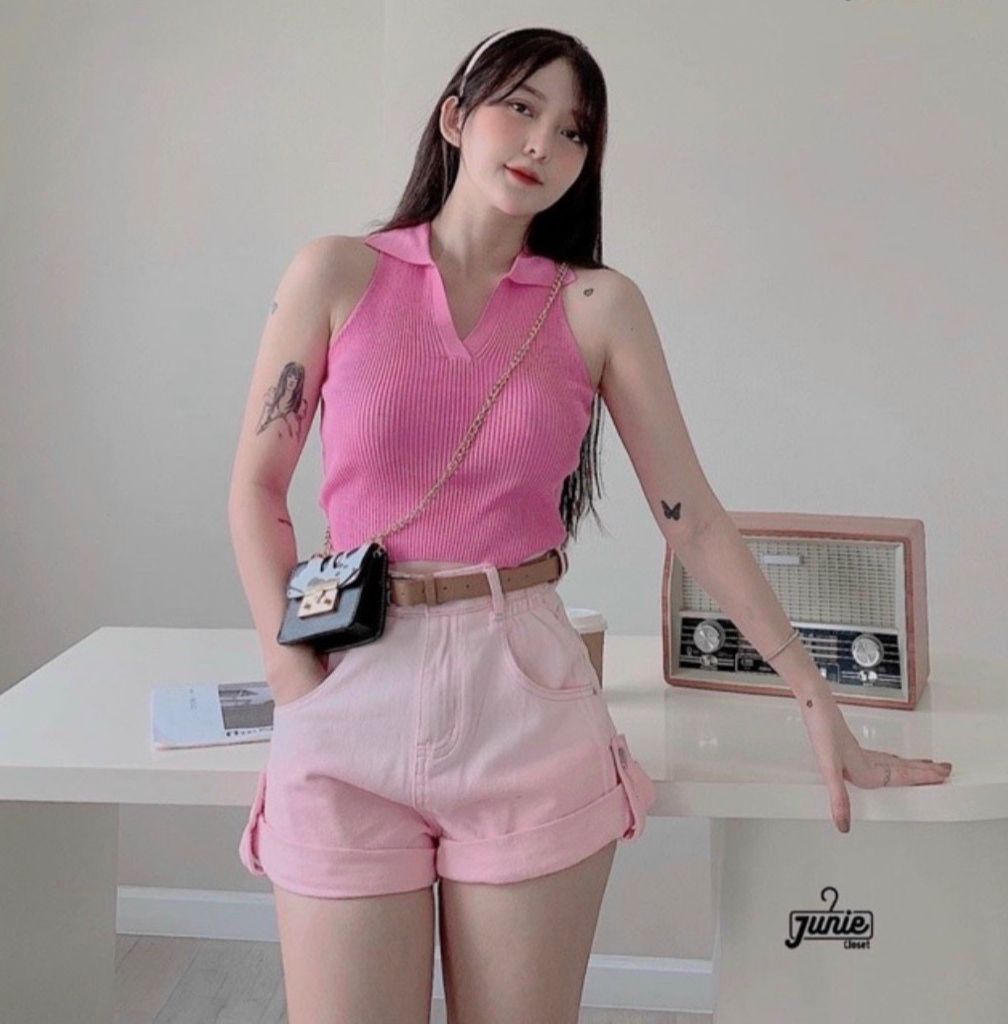 New || áo thun nữ cổ bẻ thun gân siêu xinh.