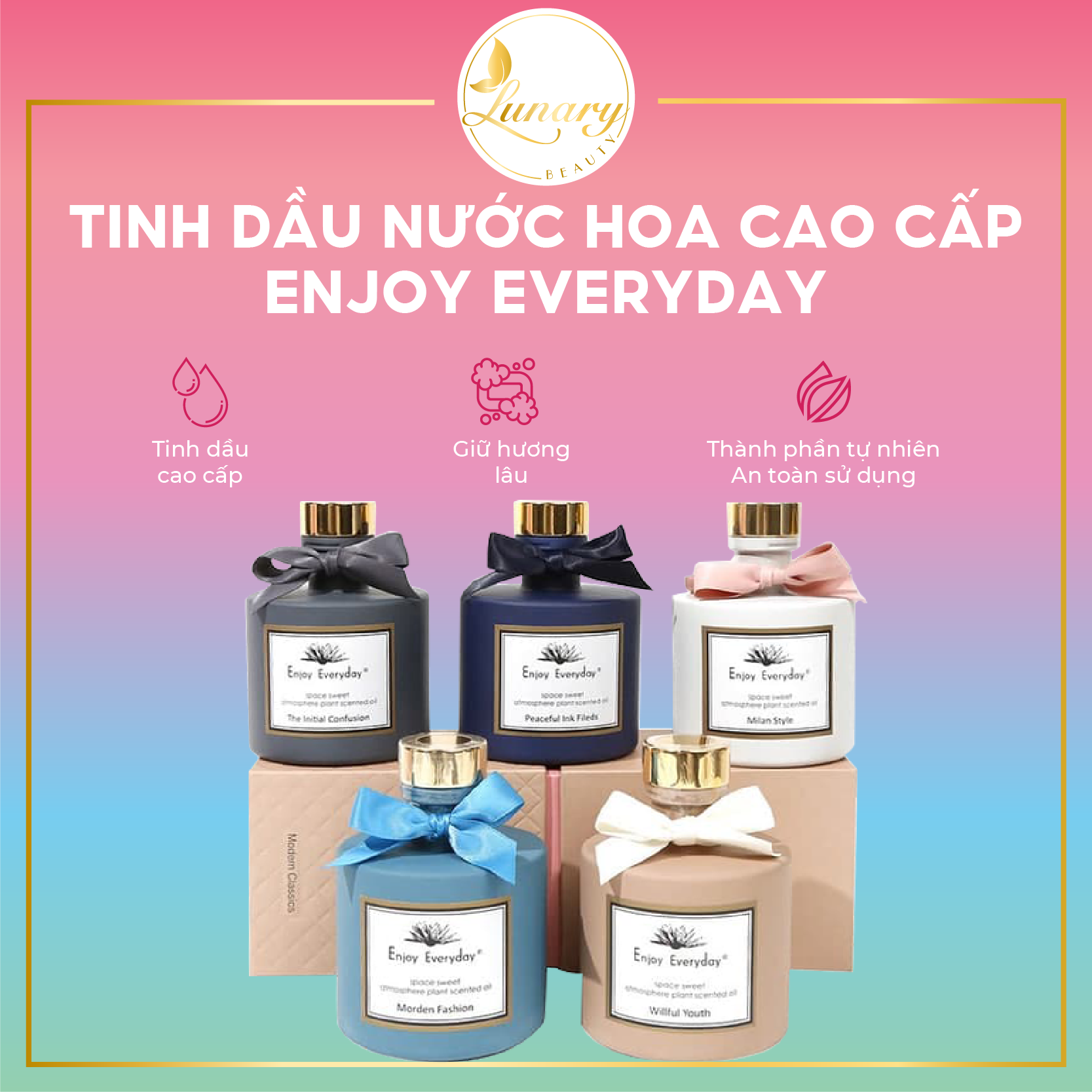 Tinh dầu nước hoa để phòng enjoy everyday - nước hoa thơm phòng cao cấp có kèm que tán - lunary beauty