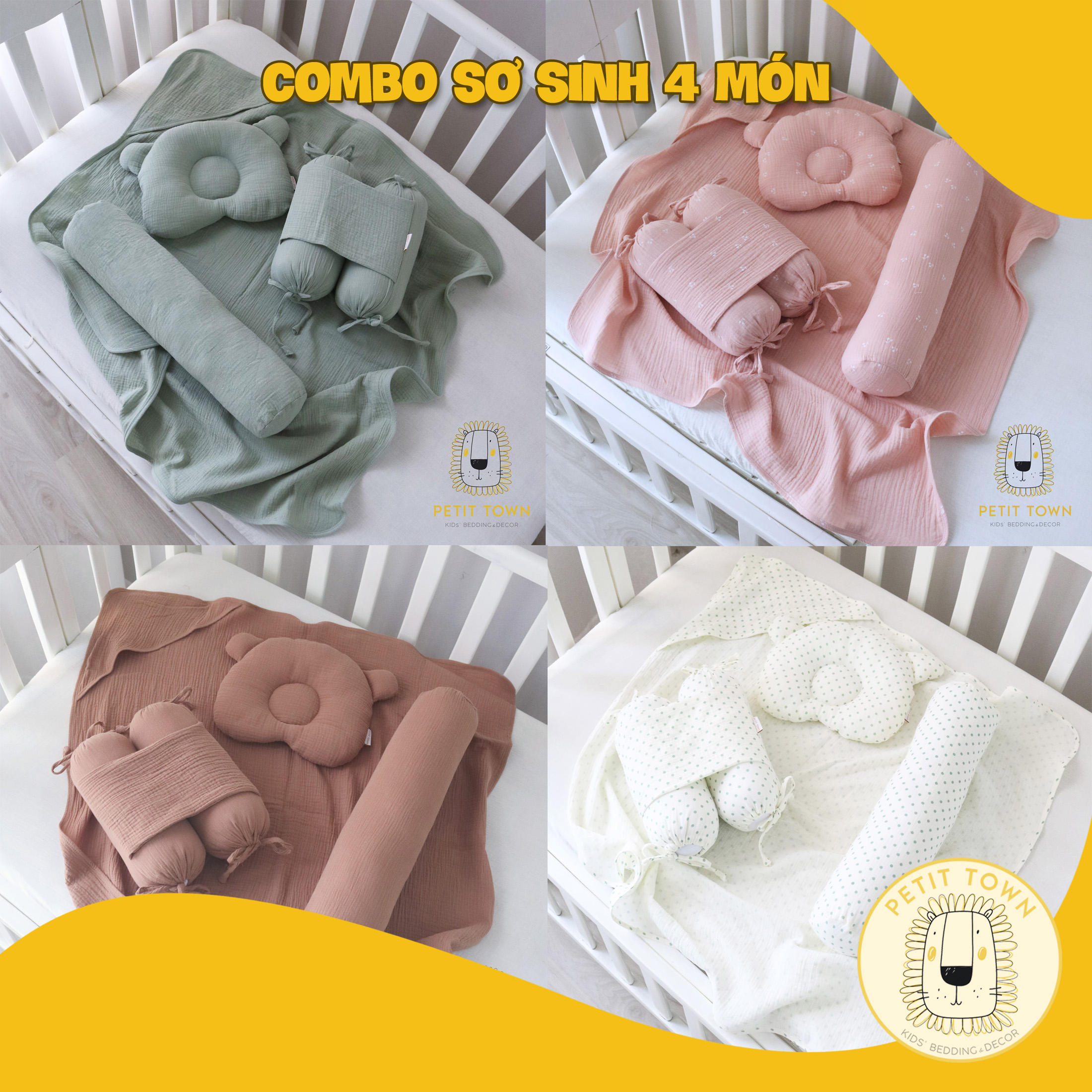 Combo sơ sinh 4 món, gối chặn, gối chống bẹp đầu, gối ôm, khăn ủ Petit Town