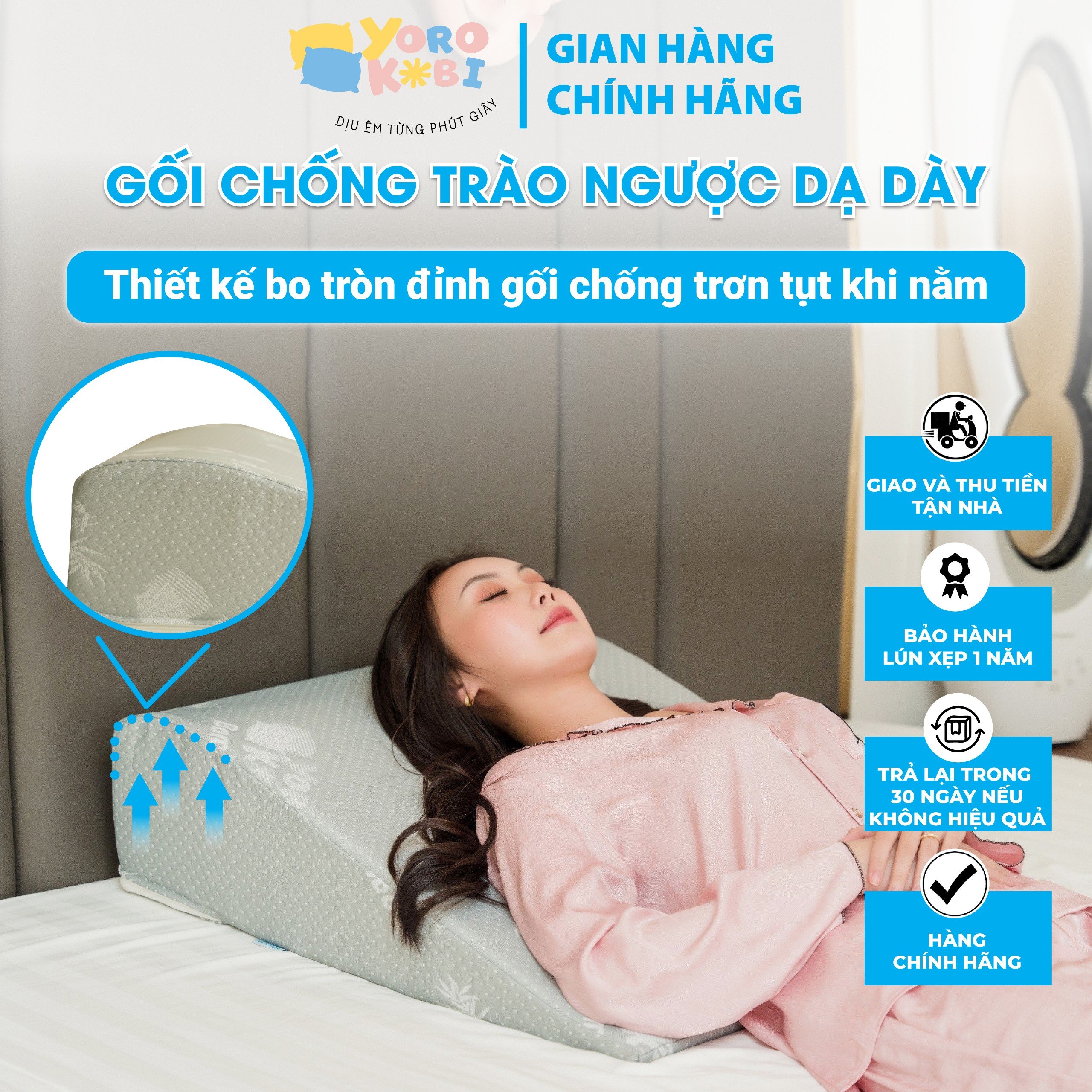 Gối chống trào ngược dạ dày người lơn YOROKOBI- Kích thước 70x60x18cm bo tròn đỉnh gối chống trơn tụt, ợ nóng ợ chua - Chính Hãng