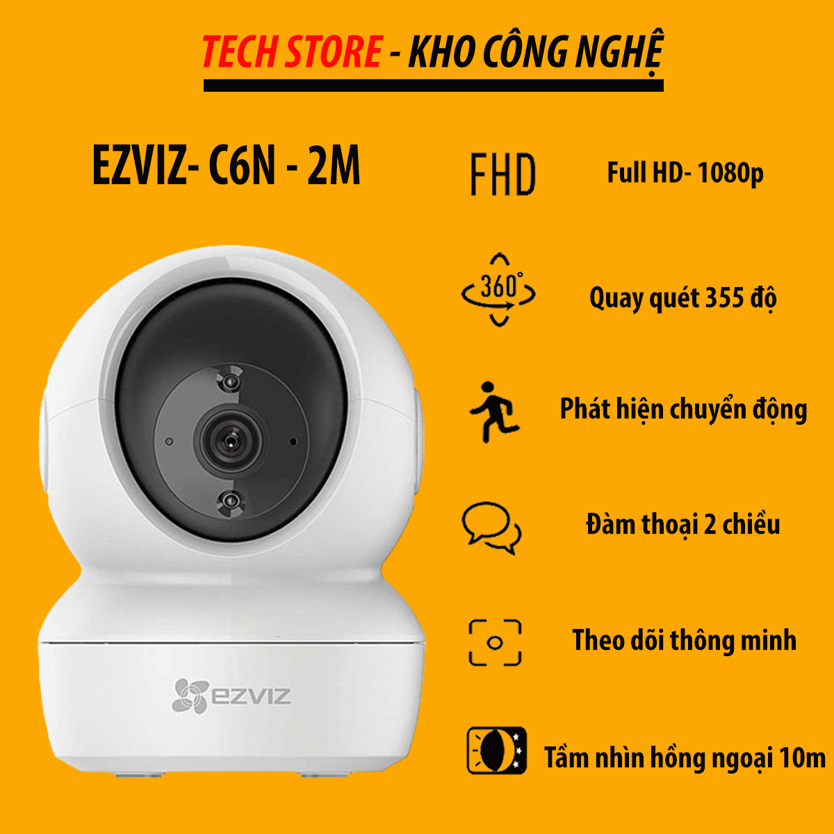 Camera wifi ezviz c6n - 2mp - full hd - quay quét 360 độ, đàm thoại hai chiều, theo dõi chuyển động