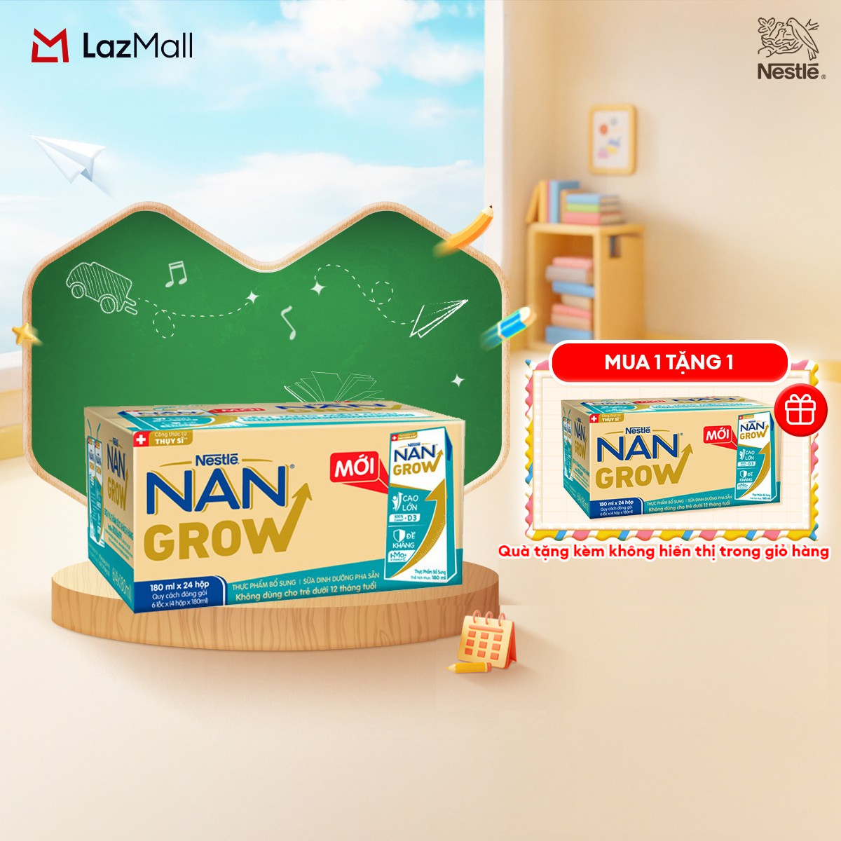 [MUA 1 TẶNG 1 QT ko hiển thị trong giỏ hàng] Thùng 24 hộp Sữa Dinh Dưỡng Pha Sẵn Nestlé NANGROW 180ml cho bé trên 1 tuổi - Sữa nước vị nhạt thanh mát hỗ trợ Tăng cân, chiều cao, đề kháng, phát triển trí não công thức từ Thụy Sĩ