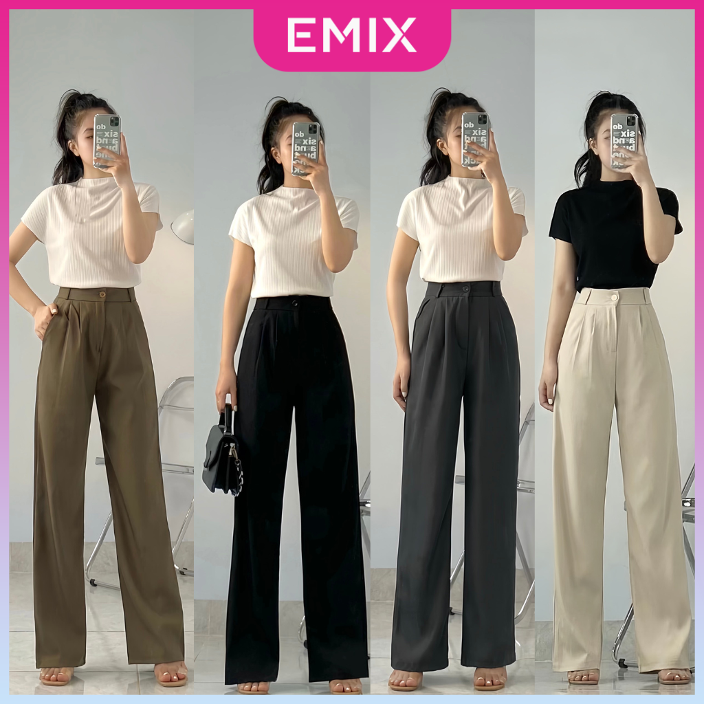 Quần tây nữ EMIX, quần ống suông, cap cao, cúc khóa, dáng dài, ống rộng