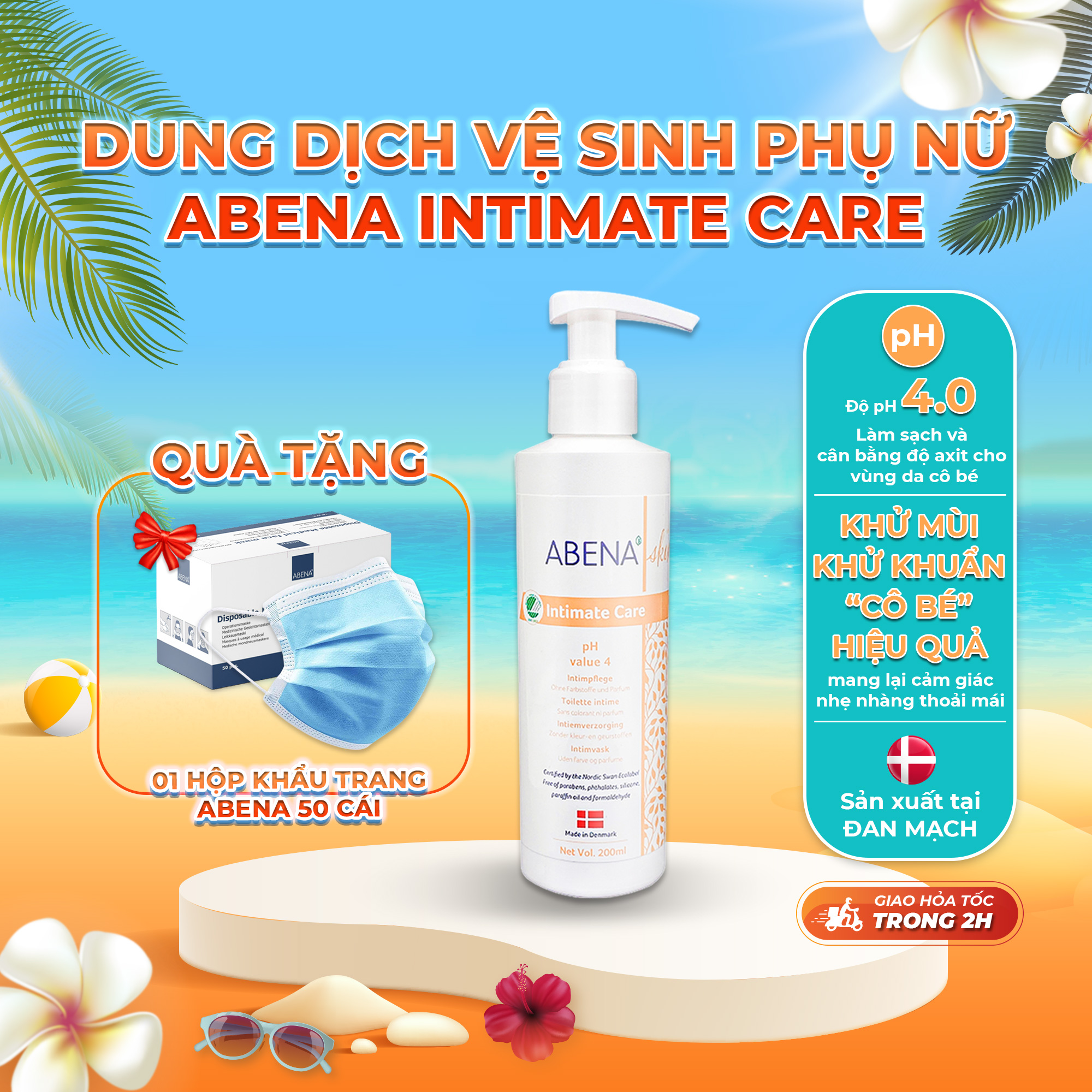 [Tặng 1 hộp khẩu trang xanh] Nước rửa vệ sinh phụ nữ Abena Intimate Care 200ml - nhập khẩu từ Đan Mạch - Độ pH 3.5 - 4 tương thích vùng kín, làm sạch và cân bằng độ axit bảo vệ vùng kín mà không gây khô rát - sản phẩm không mùi nhưng khử mùi tốt