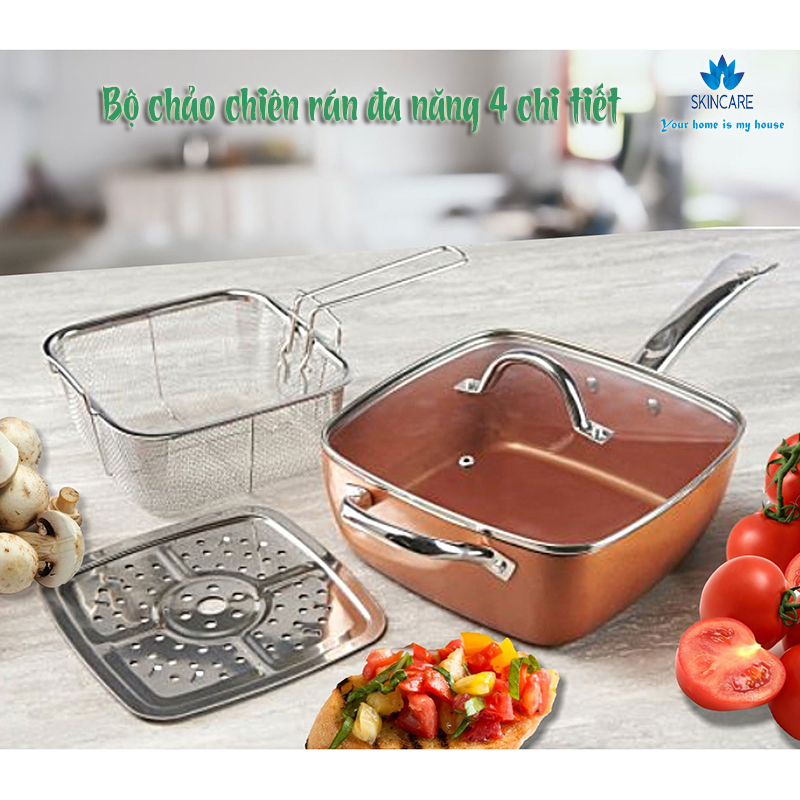 Chảo đa năng chống dính sâu lòng, Bộ chảo chiên rán đa năng 4 chi tiết - Cấu tạo từ 6 lớp bền chống dính, giúp thức ăn được lấy ra vô cùng dễ dàng, sạch sẽ.