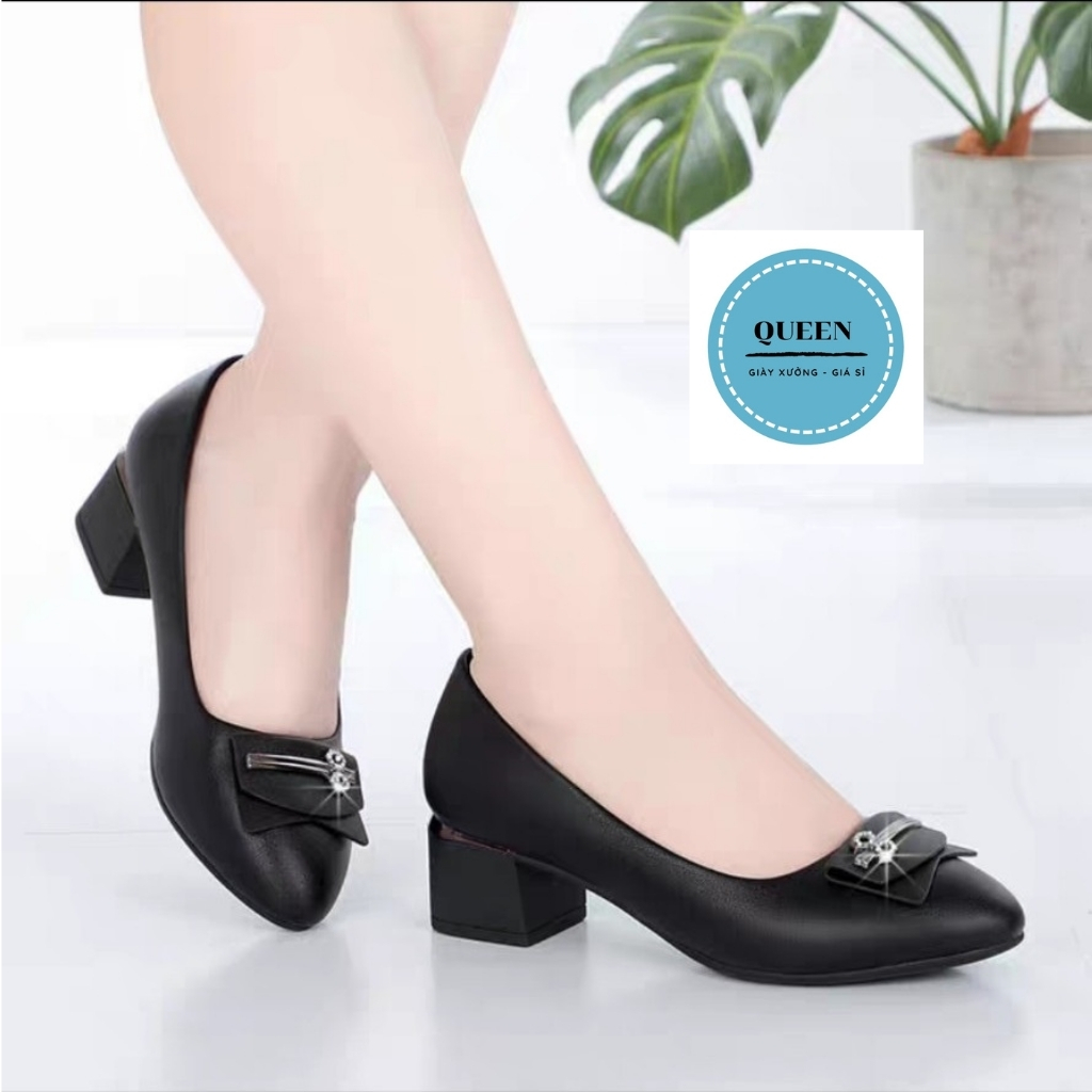 Giày cao gót - giày cao gót nữ da lỳ cao cấp đính nơ đế vuông 4cm - Hàng VNXK - Da mềm cao cấp
