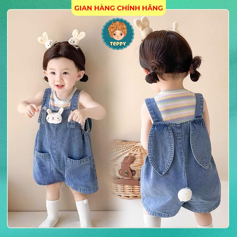 Yếm quần jean thỏ, kaki kèm áo len sọc cầu vòng cho bé gái
