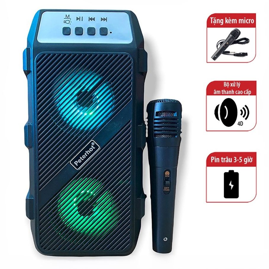 Loa Bluetooth karaoke Peterhot-2322 Tặng Kèm Micro Có Dây, Đèn Led Nhấp Nháy Theo Nhạc