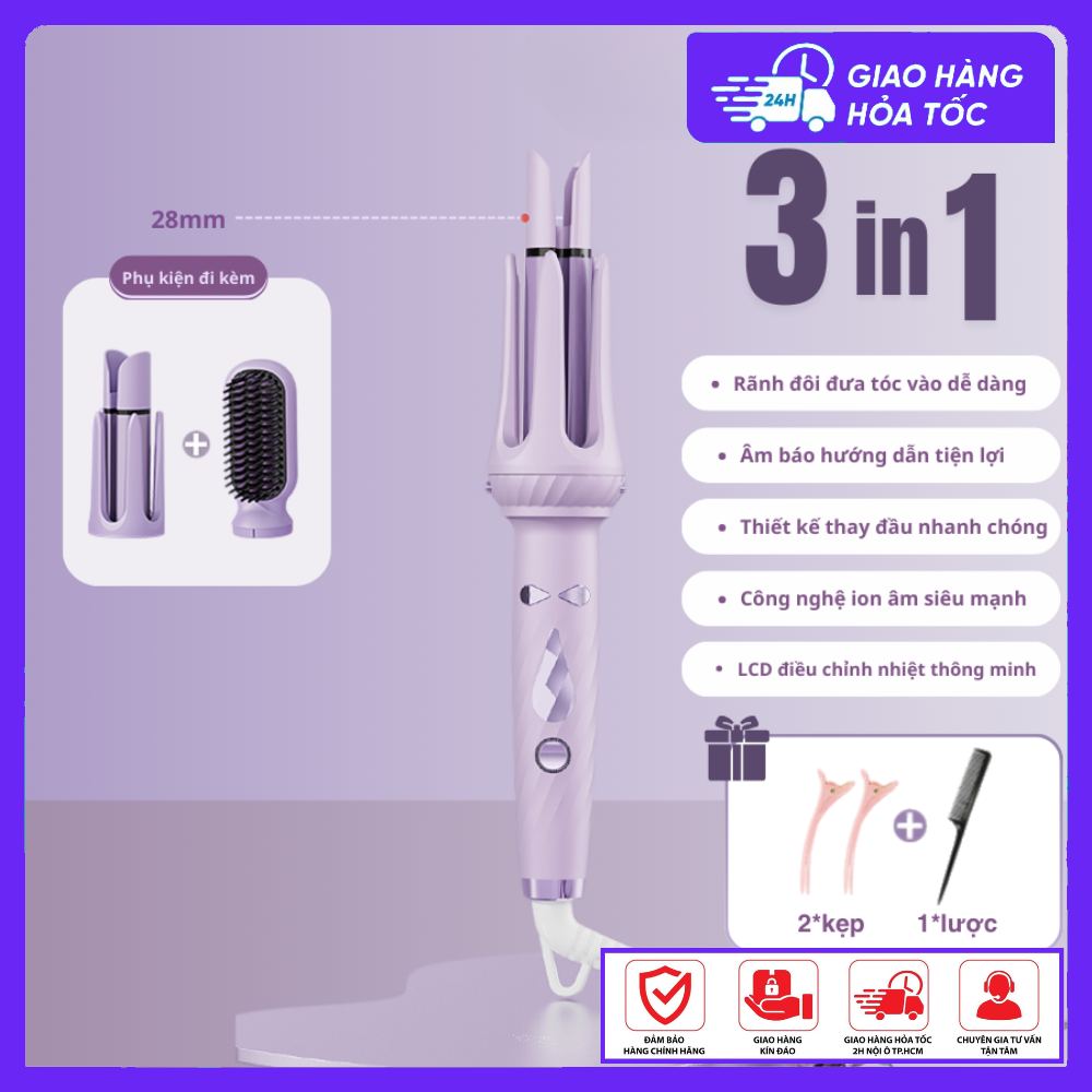 Máy uốn tóc duỗi tóc tạo phồng 3in1 FAERS 2 trục xoăn 28 32mm & lược chải điện có ion âm bảo vệ tóc