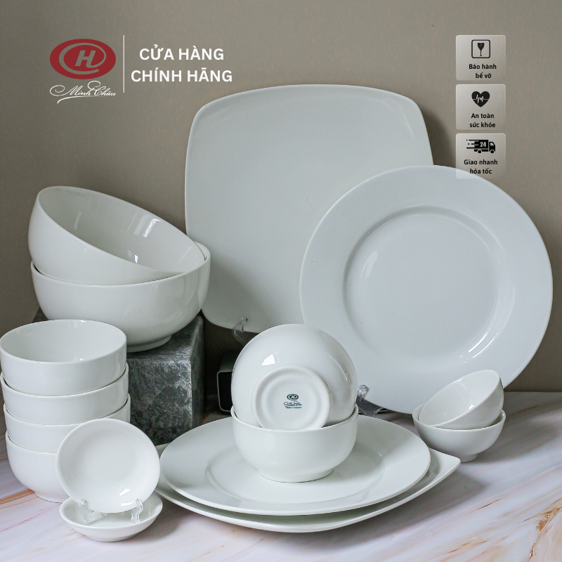 Bộ Bát Đĩa Sứ Trắng Trơn 16 Món Cỡ Lớn - Sứ Minh Châu
