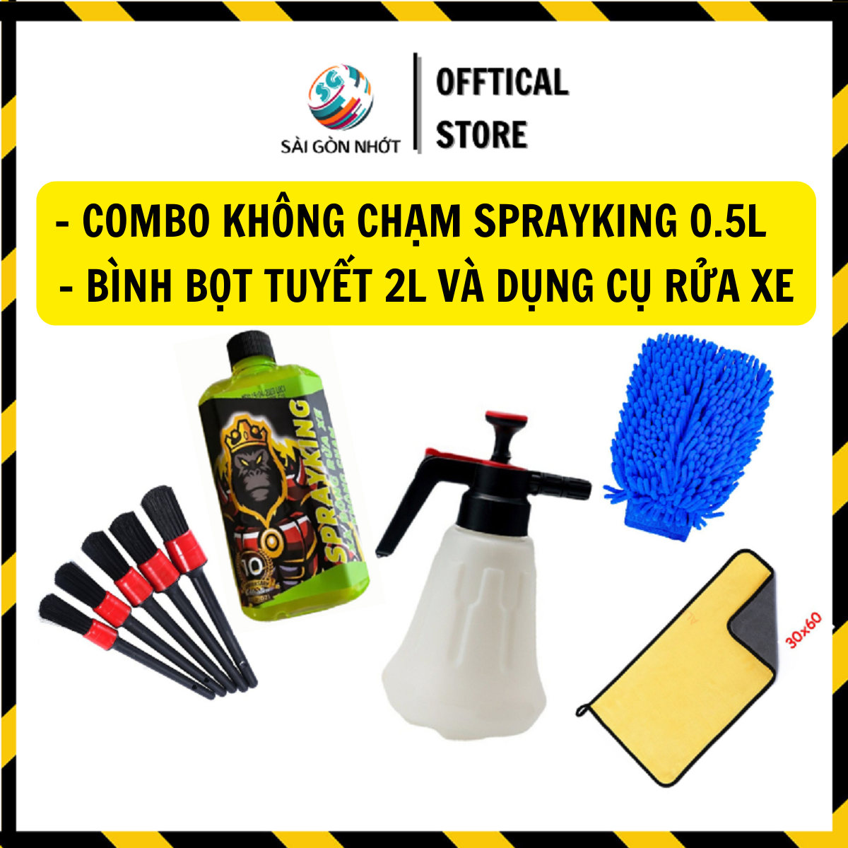 Combo xà bông không chạm sprayking 0.5l + bình xịt rửa xe bọt tuyết 2l, bộ 5 cọ rửa xe, bao tay san hô,khăn 3m