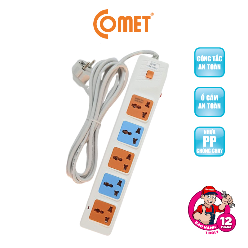 Ổ Cắm Nối Dài Comet CES10503, dây dài 3m, 5 lỗ 3 chấu, chất liệu nhựa PP chống cháy, có cầu chì bảo vệ