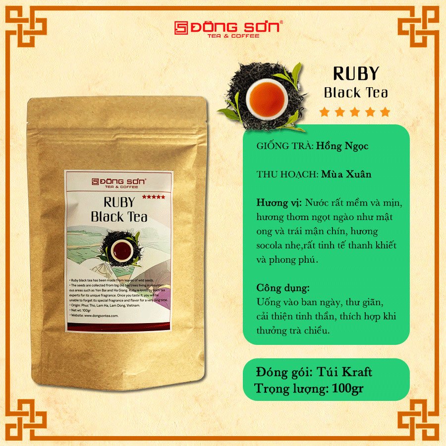 Trà đen ruby 5 sao - gói 100g - nước đỏ ruby, mềm mịn, thơm mùi mận ngọt - đông sơn