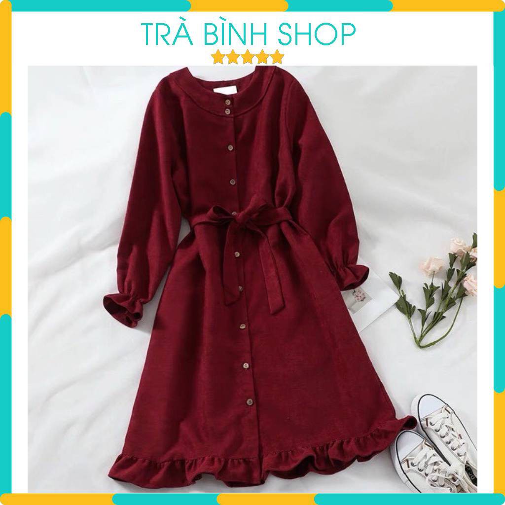 Váy dáng suông đầm suông dài tay cổ tròn bo tay thắt nơ chất nhung tăm