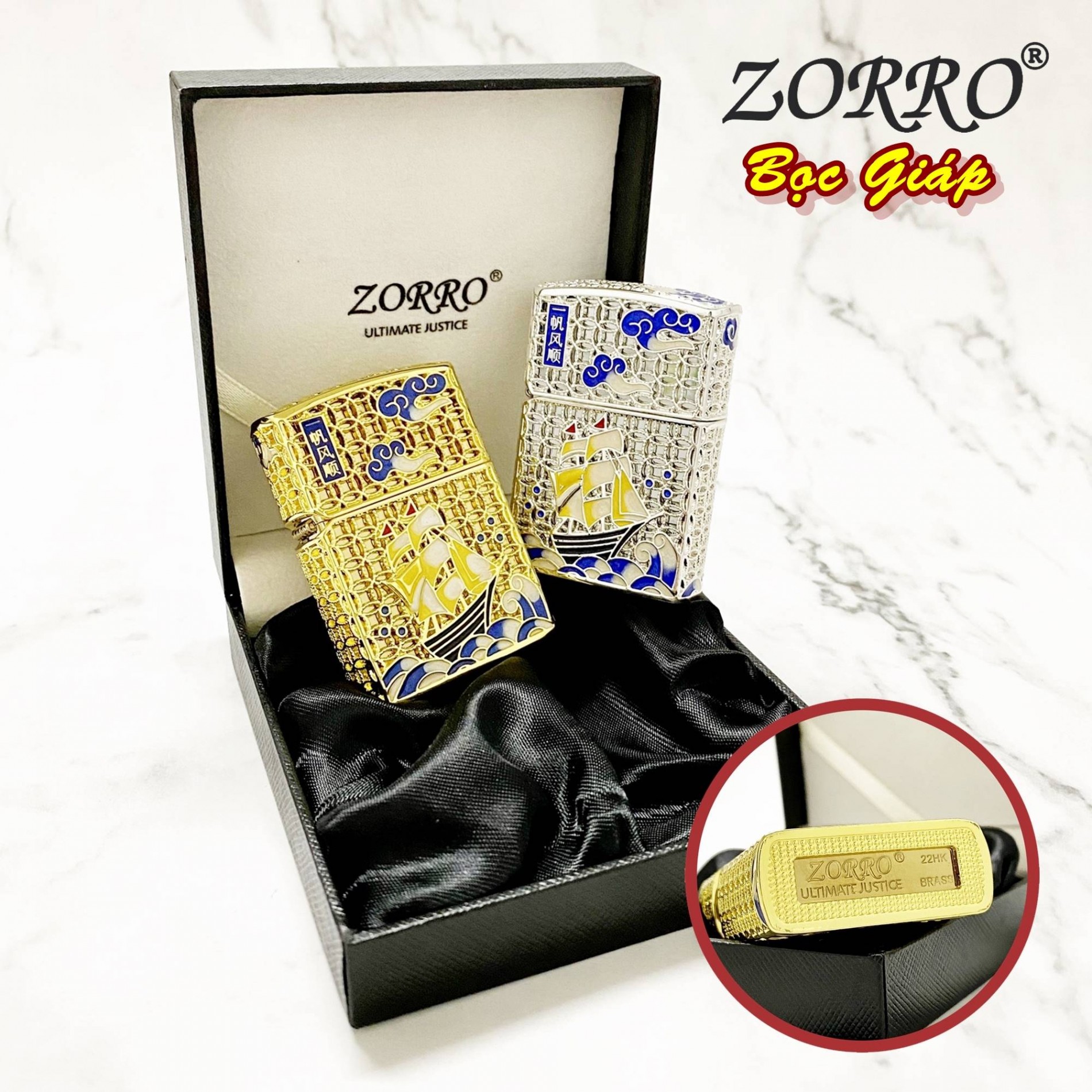  HỘP QUẸT BẬT LỬA ZIPPO ZORRO BỌC GIÁP ĐỒNG TIỀN HÌNH CHIẾC THUYỀN THUẬN BUỒM XUÔI GIÓ _ Gia Dụng Nhân Ái 