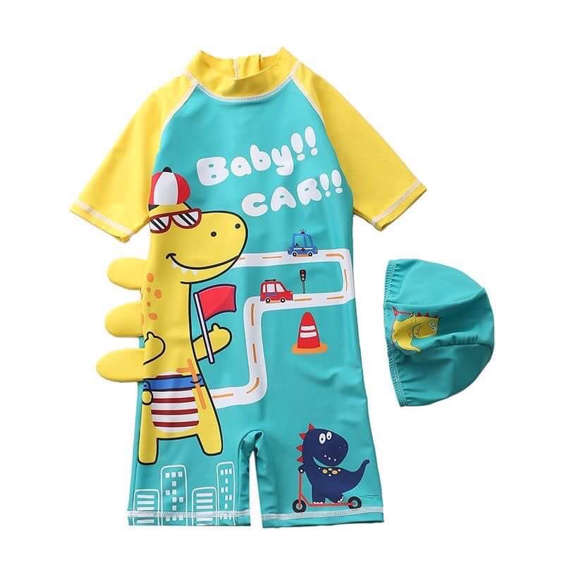 Set đồ bơi bé trai kèm mũ khủng long vàng