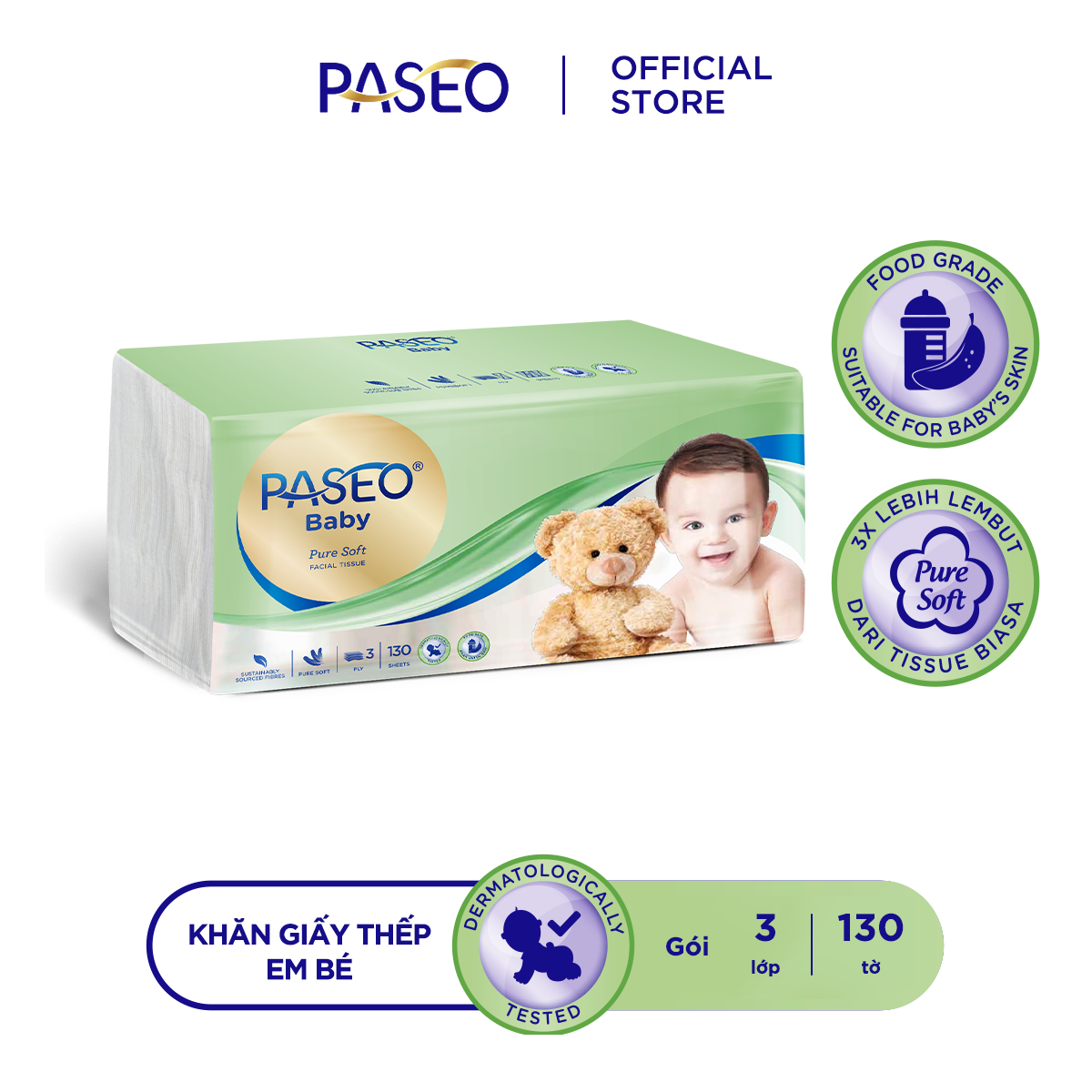 Khăn giấy rút cao cấp Paseo baby siêu mềm mại dành cho em bé (130 tờ 3 lớp)/gói