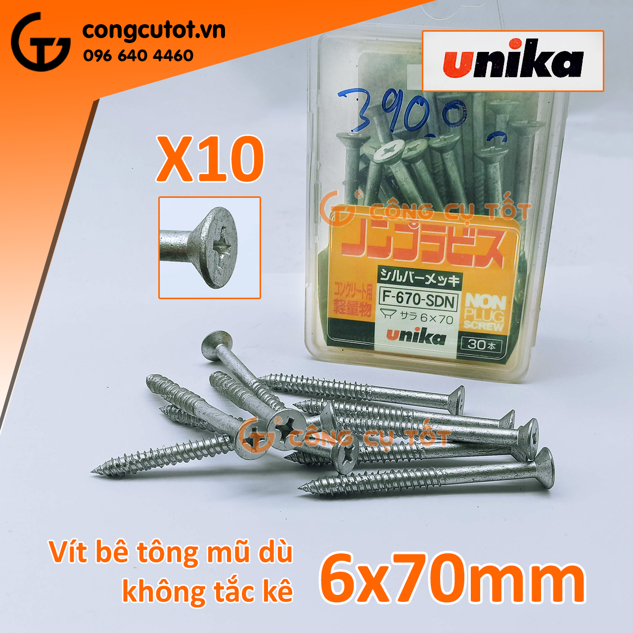 10 con Vít nở tường - Ốc vít không cần tắc kê Unika Nhật Bản đầu bằng mã F