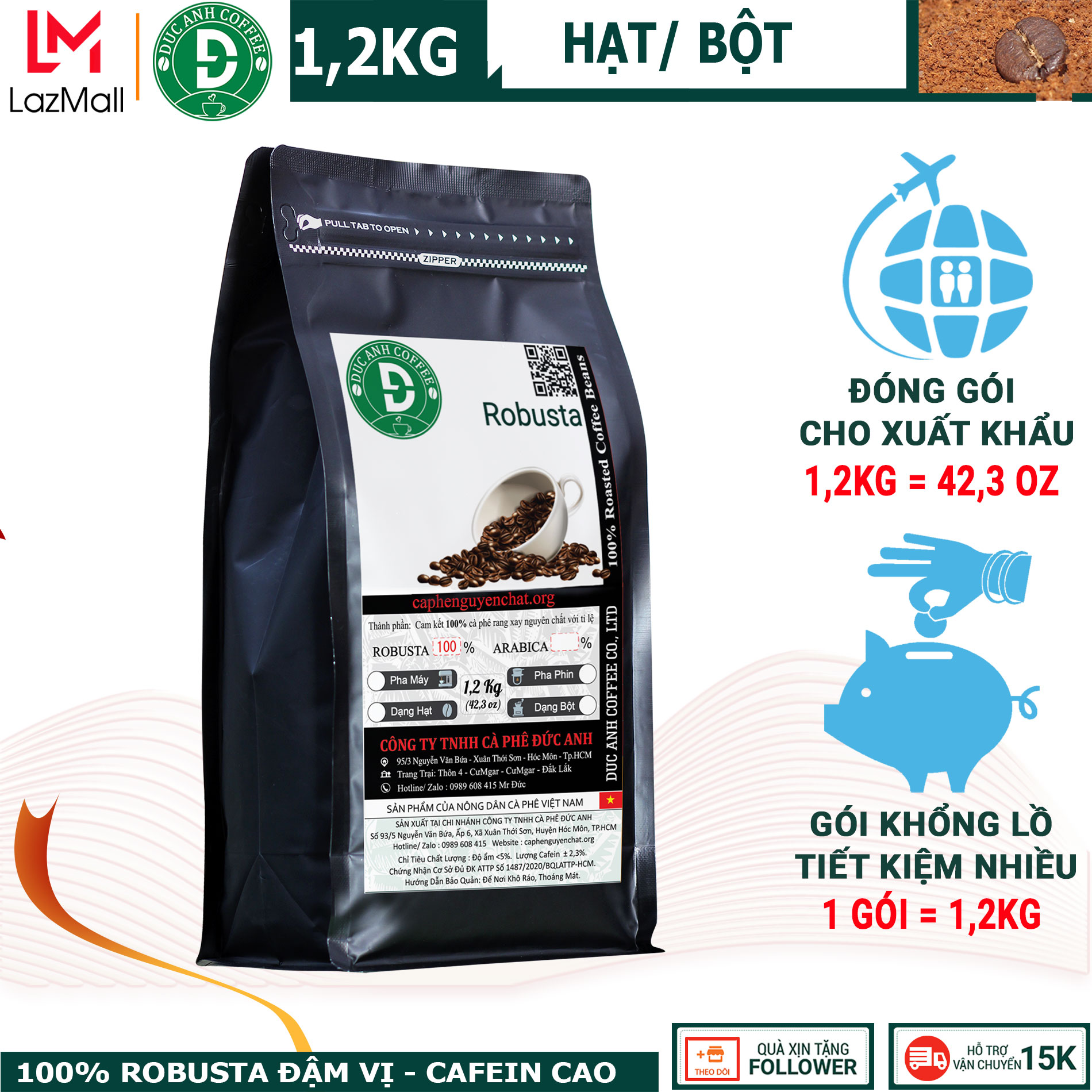 Gói khổng lồ 1,2kg cà phê rang mộc 100% robusta dùng pha phin, pha máy - đậm, mạnh, hậu ngọt,cafein cao, thương hiệu cafe duc anh coffee - cà phê đức anh - top ban chay - cafe hạt pha phin