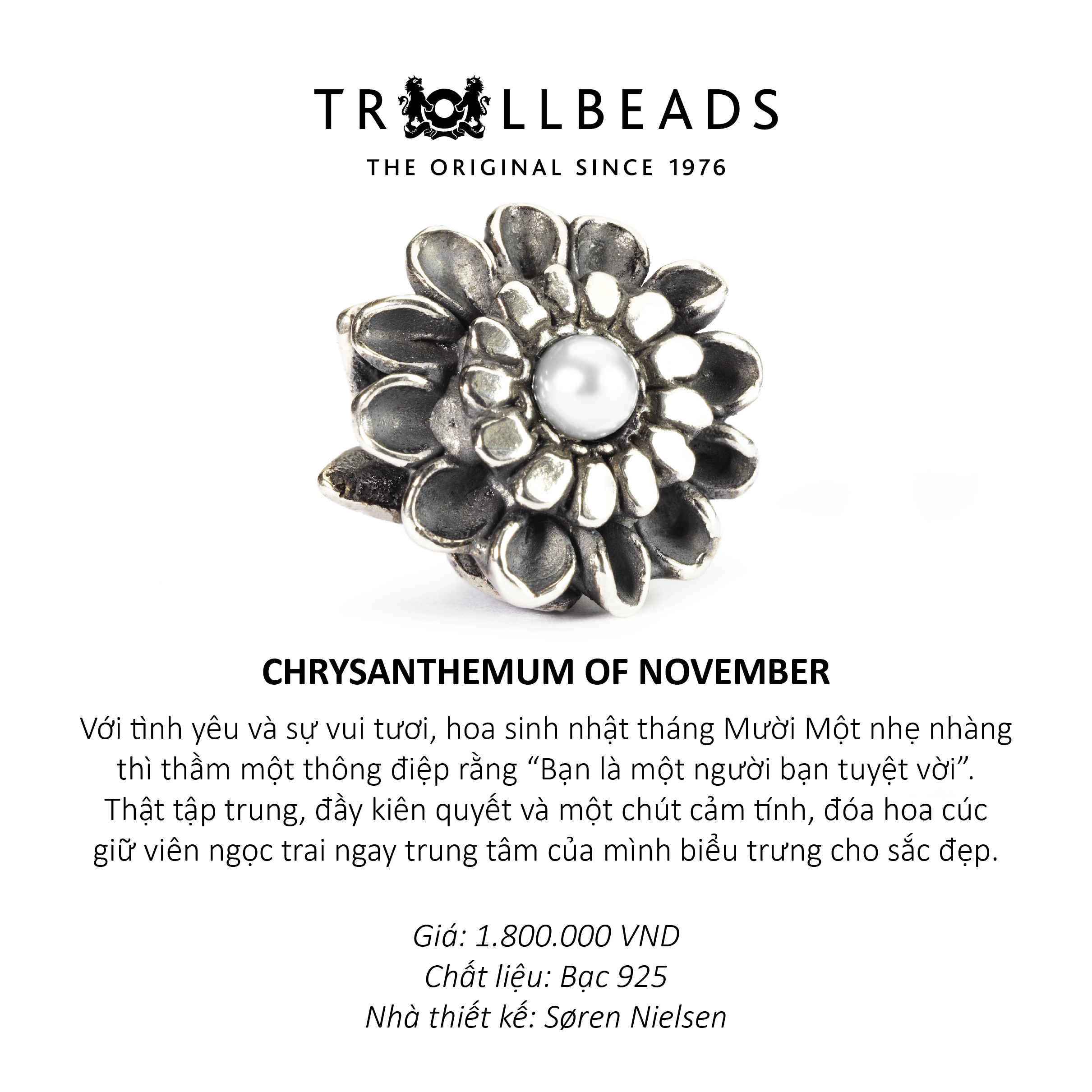 TROLLBEADS bead bạc cao cấp Chrisanthemum of November TAGBE-00037