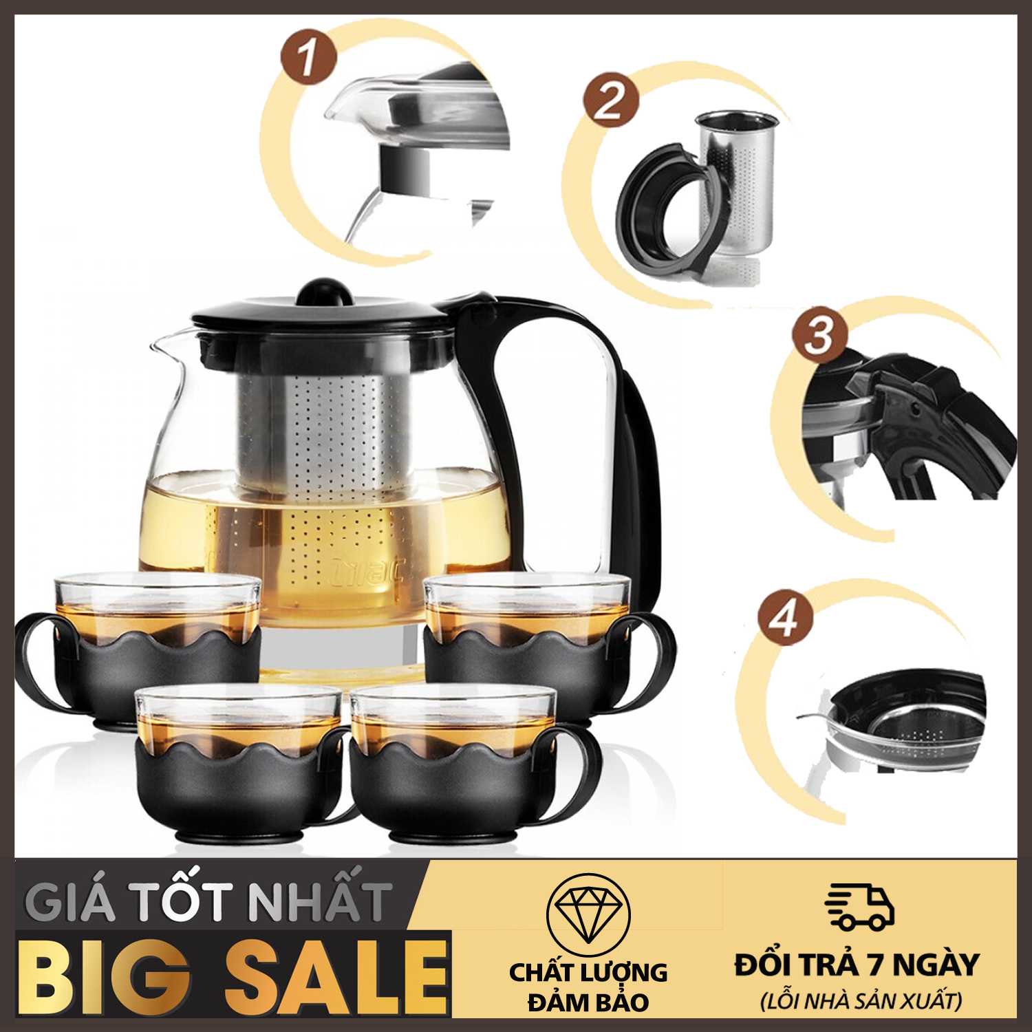 Bình lọc trà thủy tinh, Bình pha trà - Bộ bình trà kèm 4 ly, Bộ Bình Lọc Trà Thủy Tinh Kèm 4 Ly Lưới Lọc Inox 304 T.H Liac Tiện Dụng - Bình Pha Trà, Cafe Glass TeaPot Cao Cấp 700ml Tặng Kèm Ly Sang Trọng