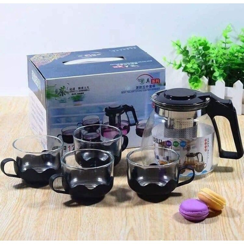 Bộ ấm chén pha trà thủy tinh chịu nhiệt có lõi lọc bã trà