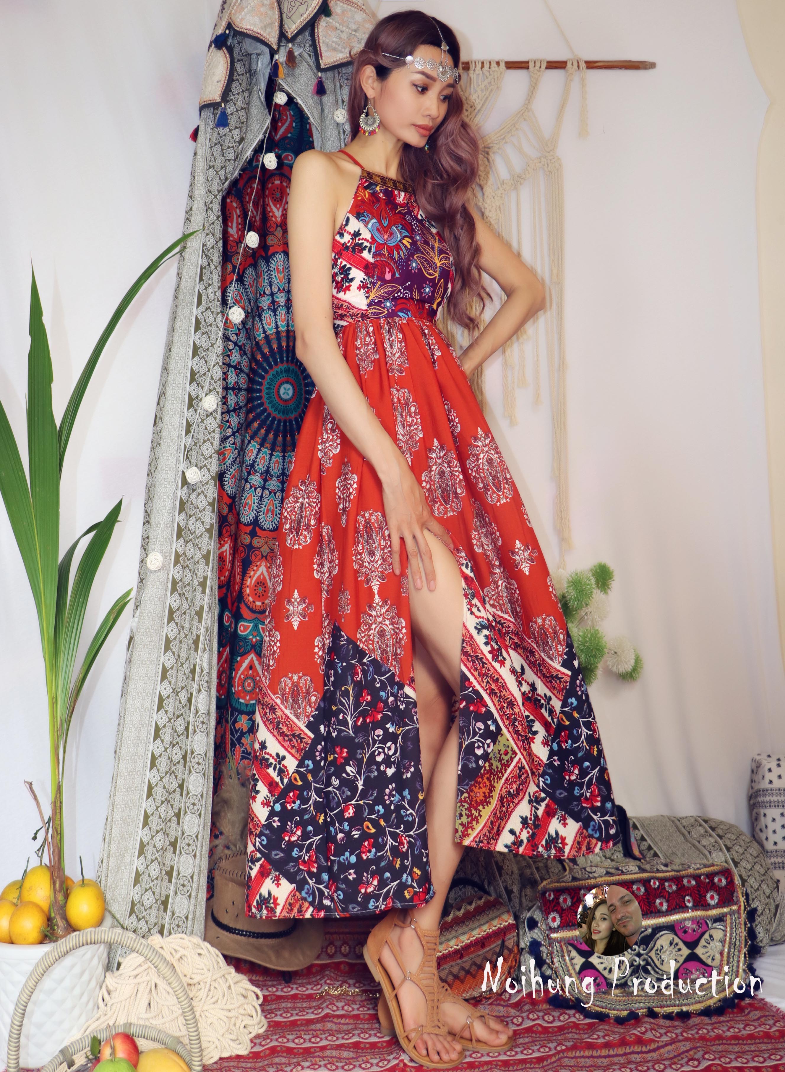 Đầm váy bohemian boho ulzzang maxi dáng xòe dài 2 hai dây yếm cúp ngực đan dây chéo lưng sexy hotgilr đi biển đẹp rẻ