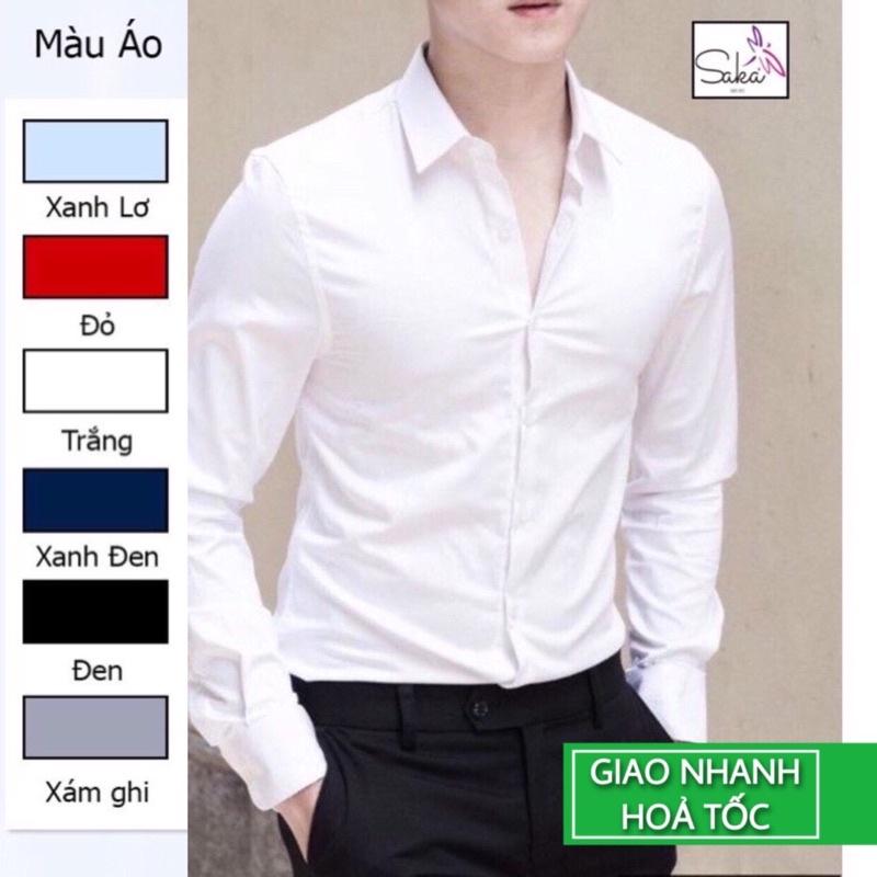 Áo sơ mi nam tay dài trắng công sở vải kate lụa chống nhăn