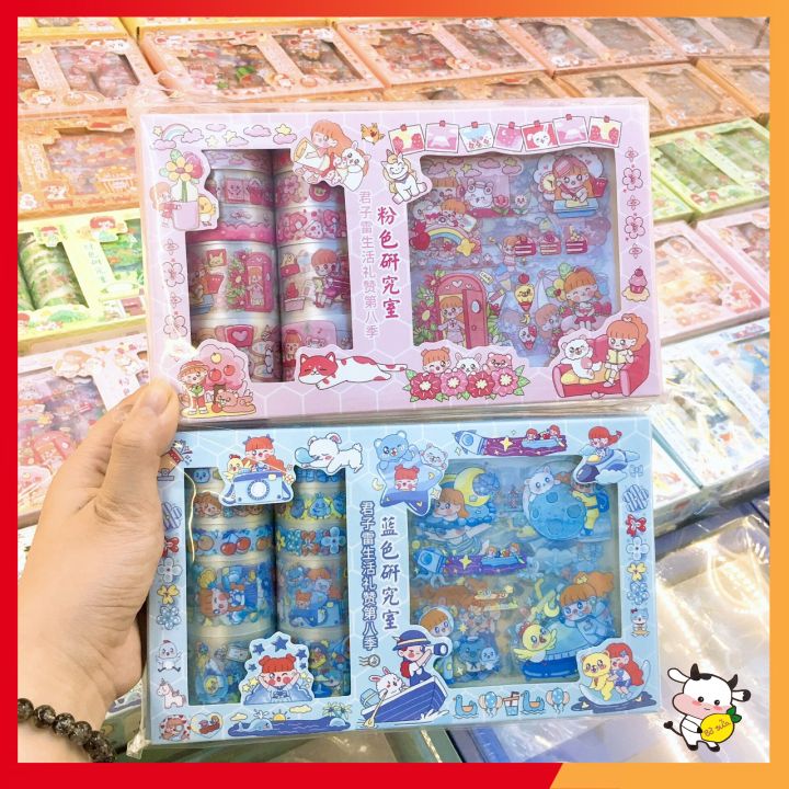 Cuộn Washi Tape Sticker Cute Dễ Thương 6 Chủ Đề Băng Keo Và Stickers Bóng Trang Trí Mũ Bảo Hiểm Chống Thấm Nước WS2 - - [FREESHIP MAX] - Sticker Washi Bò Sữa
