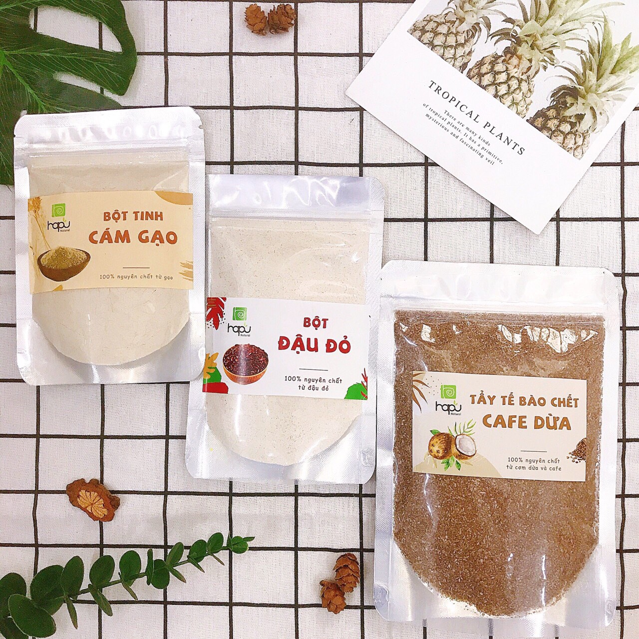 [HCM]Combo Trắng da Bột đậu đỏ Bột cám gạo Bột cà phê dừa HaPu Organic