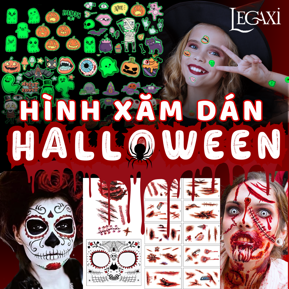 [HALLOWEEN] Hình xăm giả kinh dị hóa trang phát sáng hoa hồng đầu lâu nhện vết sẹo vết khâu chảy máu tròng mắt Legaxi