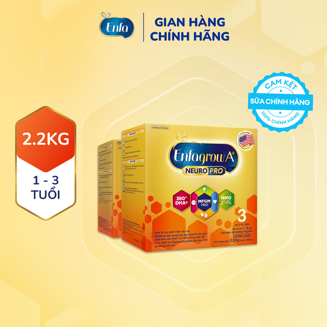 Bộ 2 Sữa bột Enfagrow A+ Neuropro 3 -2.2kg Vị thanh mát 2FL HMO với dưỡng chất DHA  MFGM cho trẻ từ 1- 3 tuổi