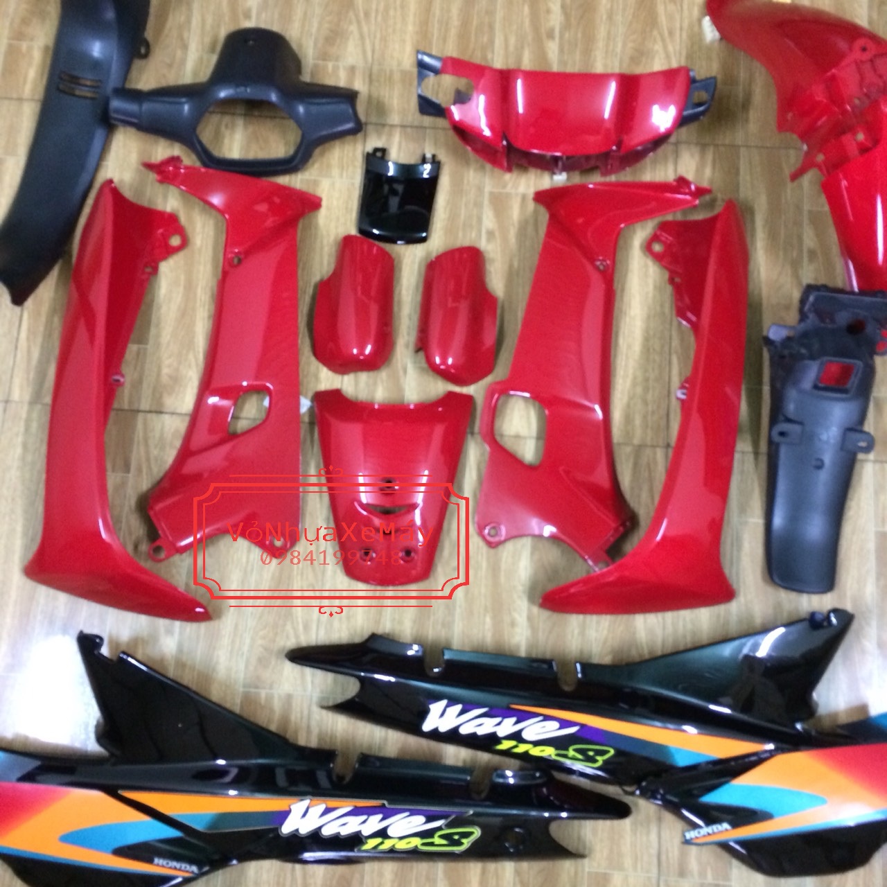 ( Tặng Tem )   Bộ Vỏ Nhựa -Dàn áo xe Wave nhỏ -Wave ZX - Wave alpha màu ĐỎ ĐEN  - Nhựa trắng nguyên sinh ABS LOẠI 1