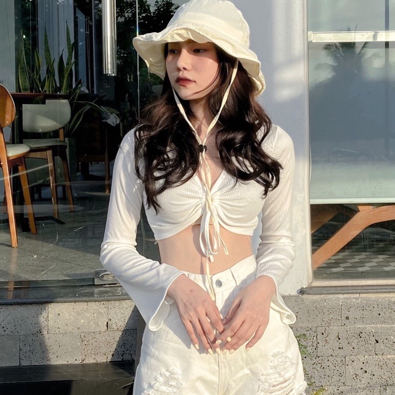 Áo croptop body tay dài loe có mút ngực, dáng ôm dây rút ngực quyến rũ a129