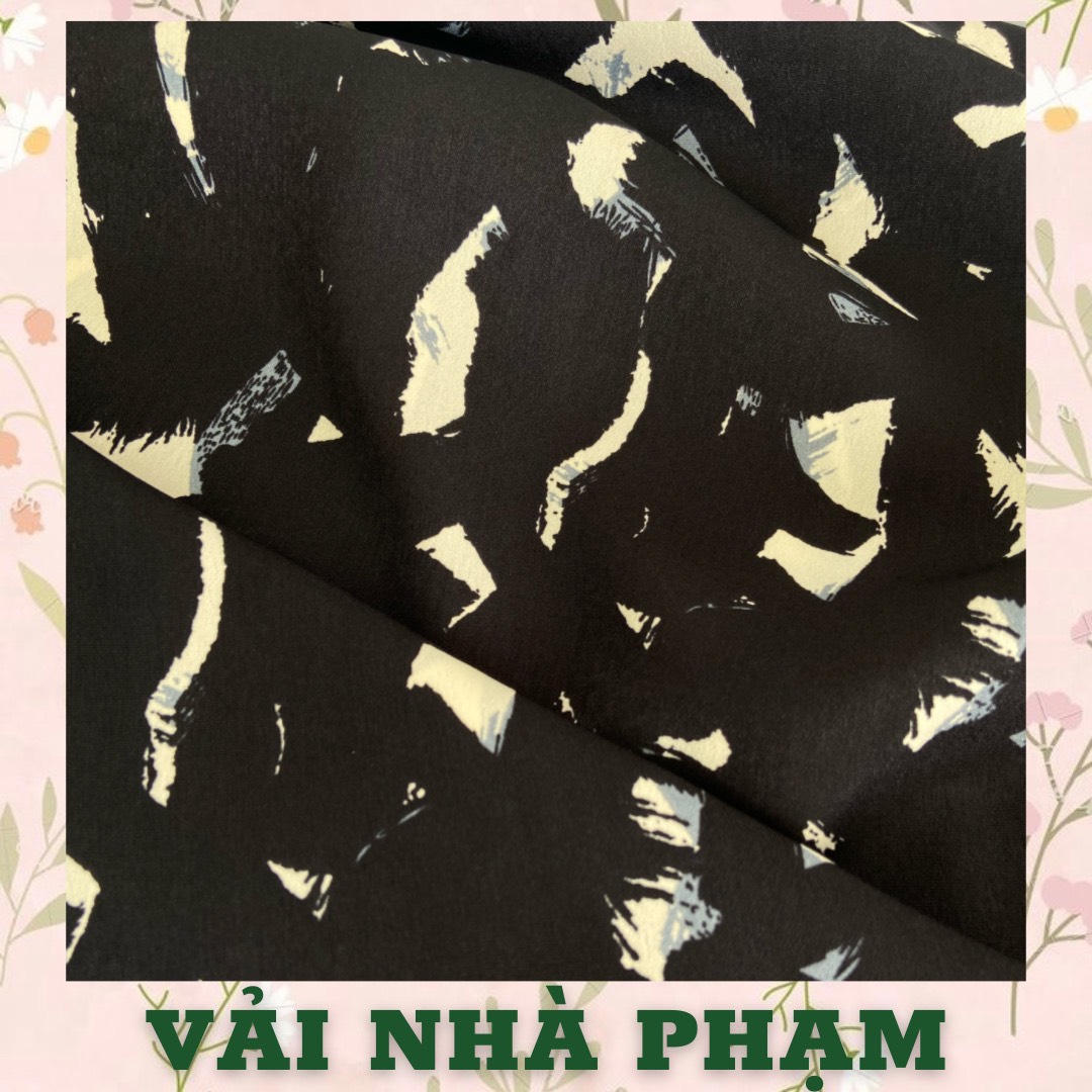 Lụa tằm chun họa tiết vệt trắng nền đen - khổ 1.5m - vải nhà phạm
