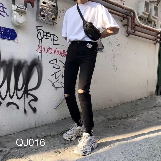 Quần jean nam đen form chất cực đẹp - body (rách gối) phong cách