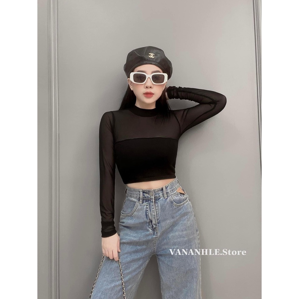 Áo croptop nữ, áo tay dài không mút phối lưới kiểu hàn quốc sang chảnh tôn dáng VD741