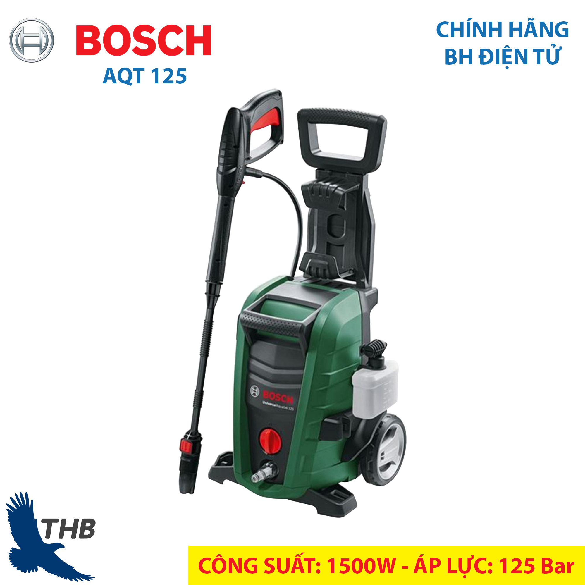Máy phun xịt rửa áp lực cao Bosch AQT 125 chạy êm Tự ngắt khi không rửa Một đầu xịt rửa 3 chế độ Bảo hành điện tử 6 tháng