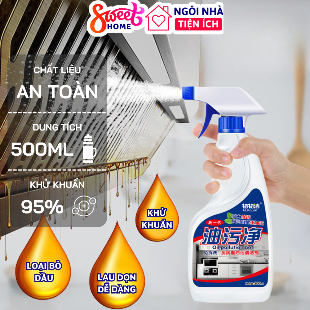 Nước tẩy rửa dầu mỡ đa năng 500ml, chai xịt tiện lợi xóa sạch các vết bẩn tiết kiệm thời gian, tẩy sạch bề mặt nhà bếp
