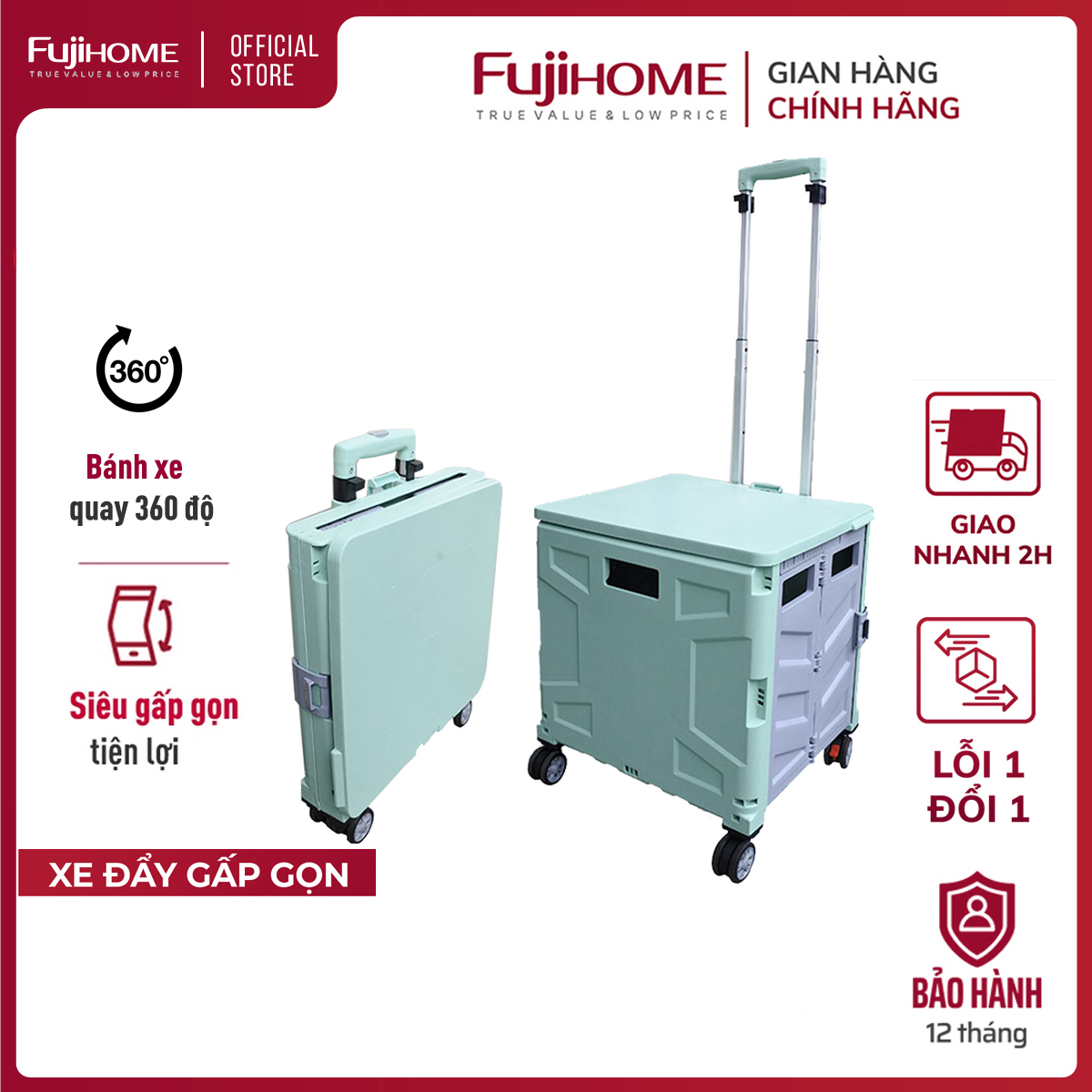 Xe kéo hàng gấp gọn 4 bánh nhập khẩu FUJIHOME, xe đẩy hàng 2 bánh đi chợ siêu thị, thùng vali kéo 65L xếp gọn dùng trên ô tô picnic - Hàng chính hãng bảo hành 12 tháng