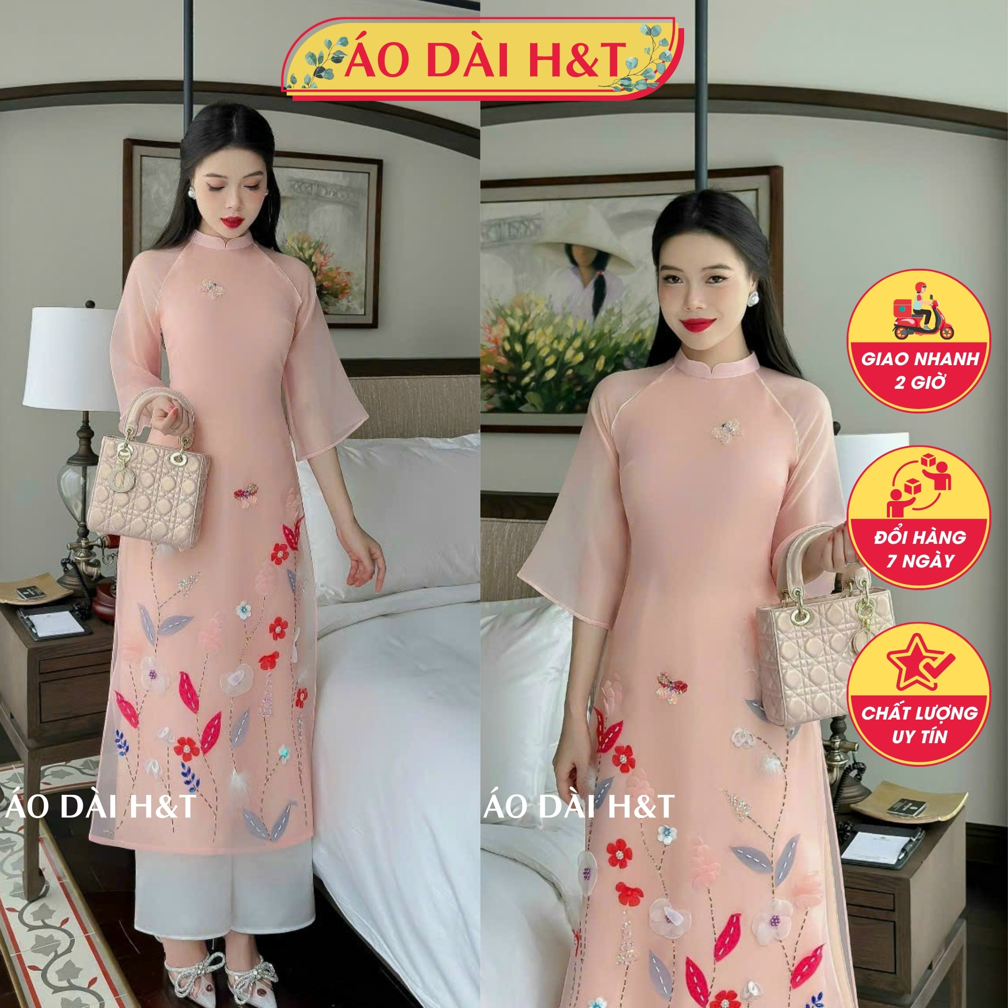 Áo dài cách tân nữ thiết kế chất tơ orgnaza đính kết hoa nổi 4D - Áo Dài HT