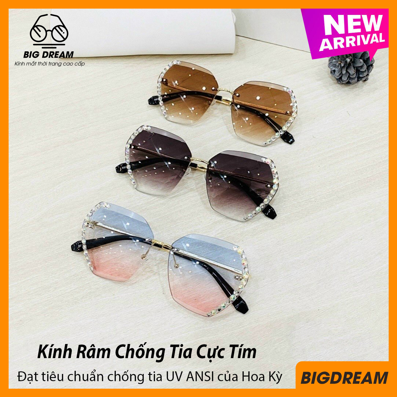 Mắt kính mát nữ thời trang BD8808 gọng kim loại tròng Polariezd chống tia UV - Mắt kính thời trang nữ cao cấp tròng đính đá độc đáo - Tặng kèm hộp và khăn lau