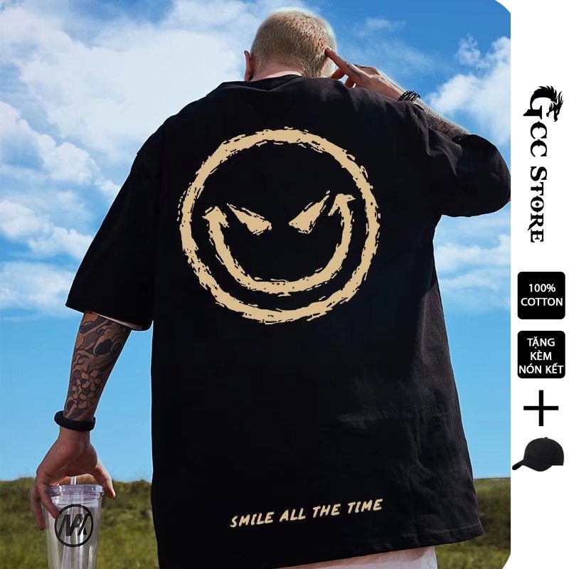 Áo thun cotton nam nữ Smile Yellow, Form oversize, Cotton 100%, Tặng kèm nón kết