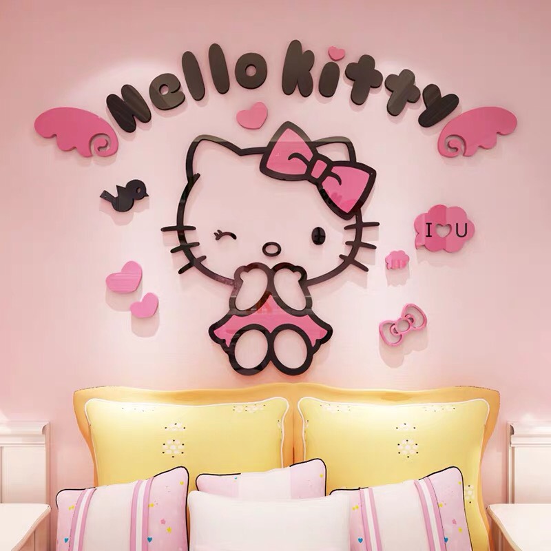 Tranh dán tường Mon Mon - Decal mica 3D hình kitty có cánh dễ thương, hình dán kitty trang trí phòng ngủ cho bé, tranh dán mica hello kitty xinh xắn