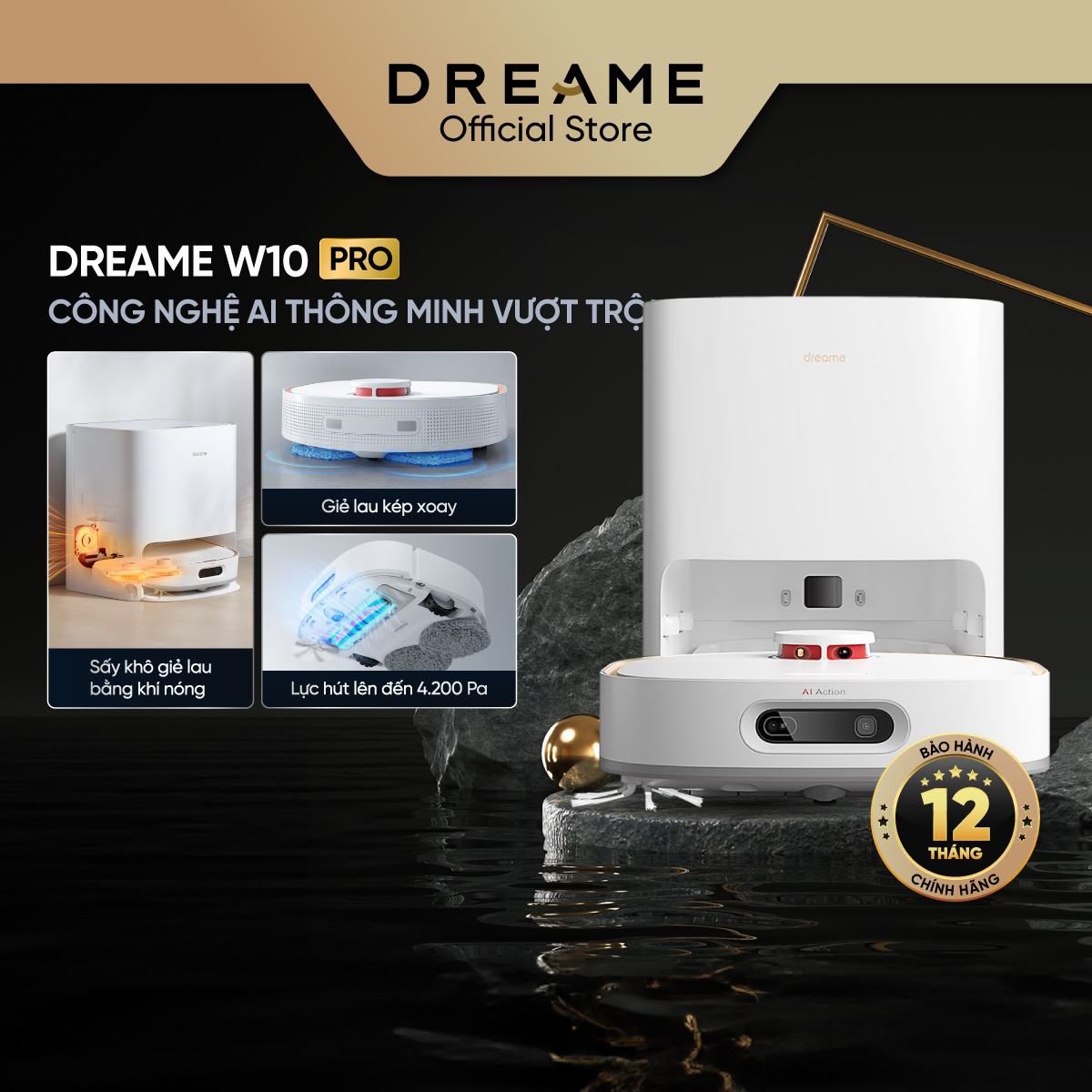 Robot Lau Sàn Hút Bụi Tự Làm Sạch Thông Minh Dreame Bot W10 Pro - Định vị LDS và tăng cường AI - Bản Quốc Tế - Bảo hành 24 Tháng