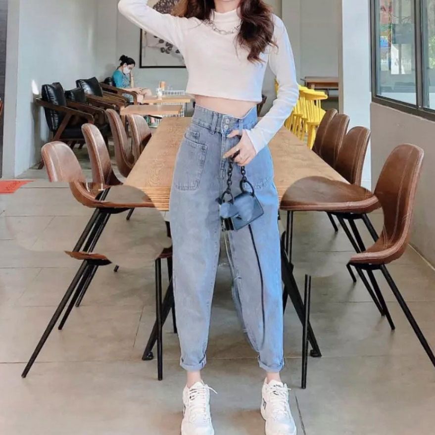 [HCM]QUẦN JEAN BAGGY NỮ LƯNG SIÊU CAO 2 NÚT ĐAI CHÉO RÁCH HAI BÊN ĐÙI  ( ONE SIZE LÀ ÁO THUN) MẪU SIÊU HÓT CHUYÊN SỈ JEAN QUANG VINH BG23