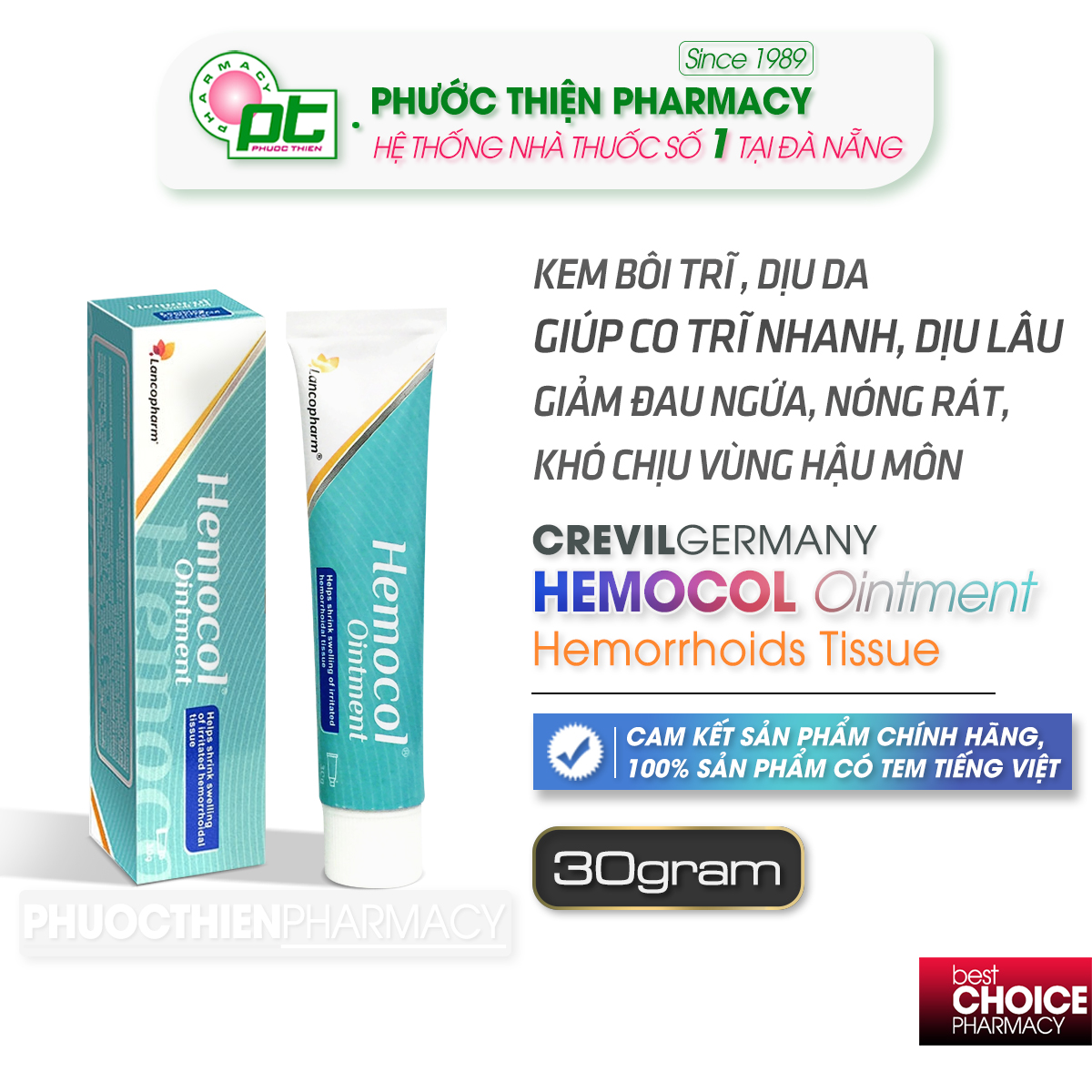 Kem bôi da, bôi trĩ Lancopharm HEMOCOL ointment 30G giúp co búi trĩ Crevil