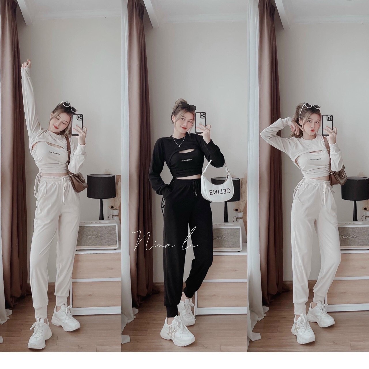 Set bộ thời trang nữ 3 món áo khoác ngoài dài tay + quần chun & bra